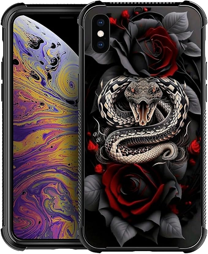 for iPhone Xs Max Case, Entwined Rose Snake Pattern Graphic Design Girl Boy Soft Silicone Hard Acrylic Shock Protection for iPhone Xs Max