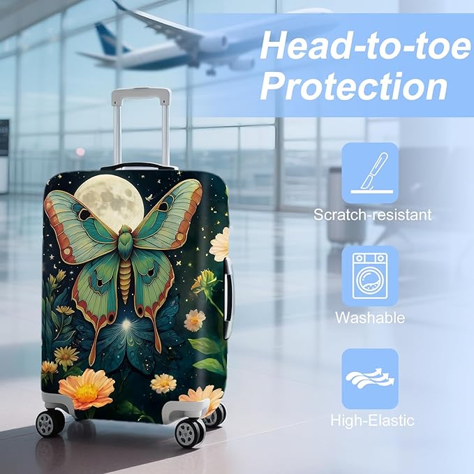 Moonlit Butterfly Flower MothTravel Luggage Cover -Stretchable Airplane Suitcase Protector Sleeve,Universal Washable Fit for 20-26 Inch Checked Baggage,Water Resistant Durable Luggage Protector
