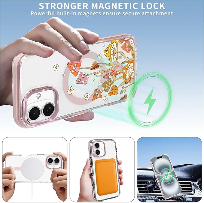 Case for iPhone 16 Plus,[Compatible with MagSafe],Retro Mushroom Sunflower Phone Case Design，for Women Girls Magnetic Clear Cover - Slim, Sleek, & Shockproof Protection