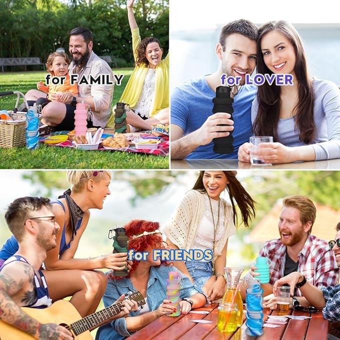 Collapsible water bottles 3 Pack with brush,BPA Free Travel Silicone Water Bottle with Carabiner,Reusable Foldable Portable Lightweight Sports bottles for Gym Camping Hiking (Black+Pink+Blue)