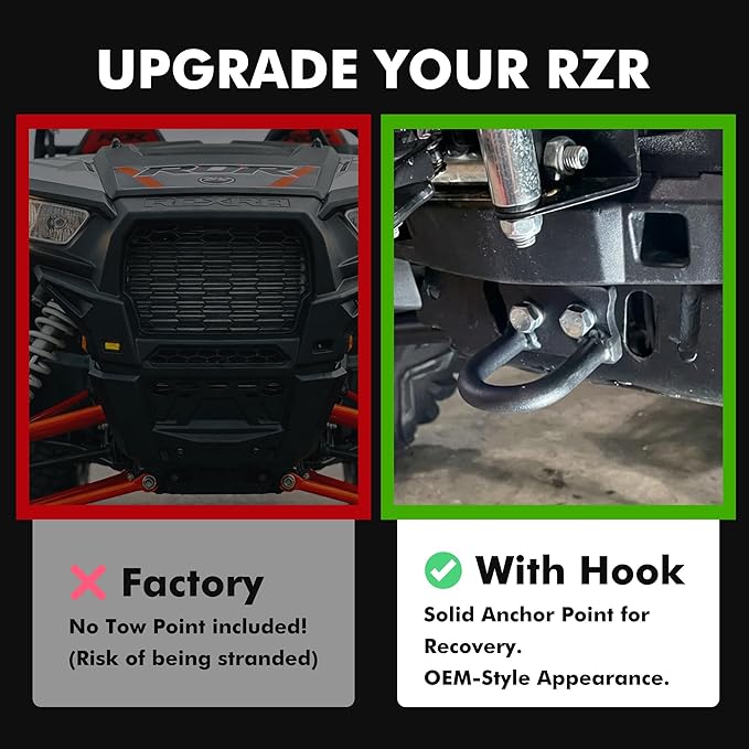 Front Tow Hook Tow Loop Compatible with Polaris RZR 900S 1000S 1000XP General – Heavy Duty 16mm Steel Recovery Hook, Black Powder Coated, Easy Bolt-On Installation