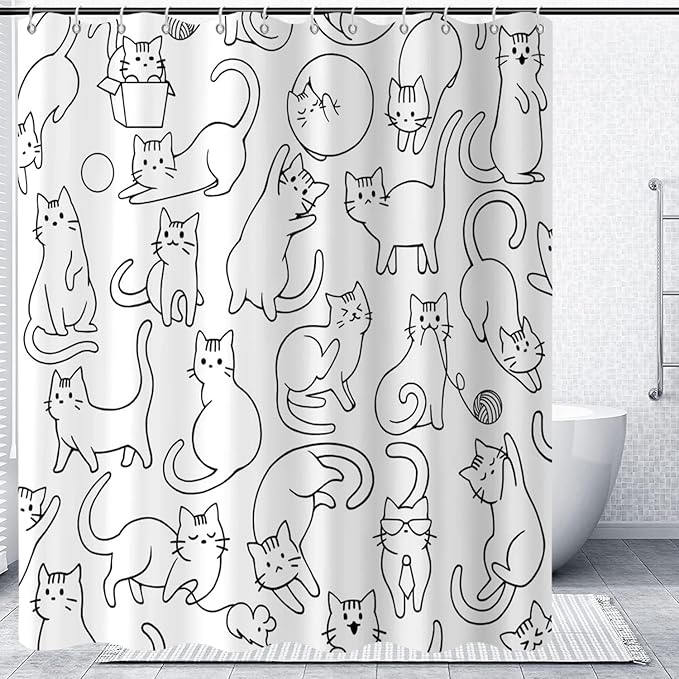 Cat Shower Curtain, Black and White Funny Cats Cute Sketching Kitten with Different Postures Bathroom Curtain Waterproof Fabric Machine Washable with Hooks, 65" Wx72 L