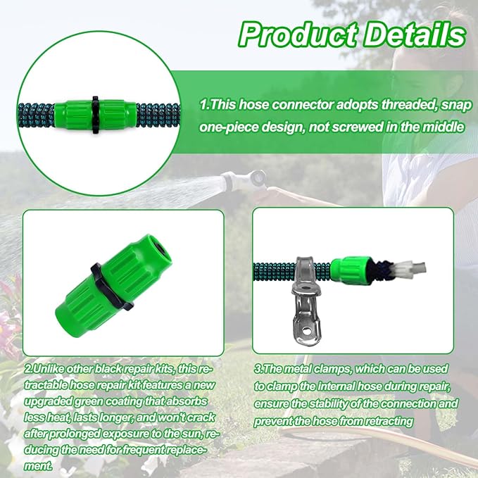 Vodolo Expandable Garden Hose Repair Kit,4 PCS Dual-Channel Hose Female Male Connectors Accessories with Metal Clamp Compatible with Pocket Hose Fit for 3/4" or 5/8" Garden Hose Fitting