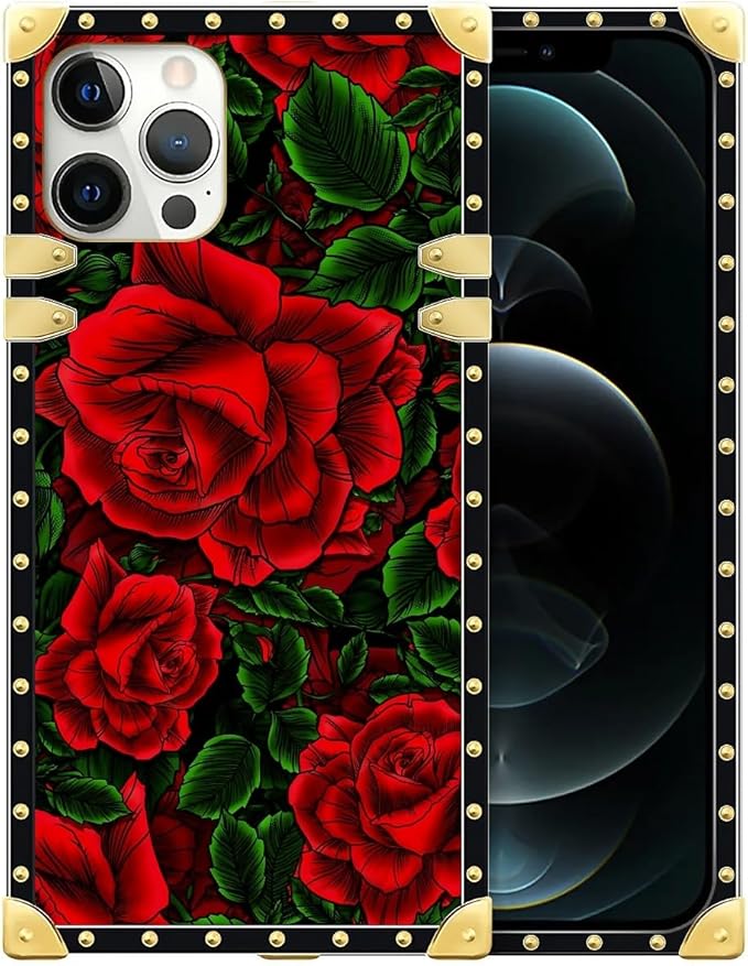 Compatible with iPhone 12 Pro Max Case, Vector Red Rose Green Leaf Luxury Golden Decoration for Girl Women Soft TPU Shockproof Protective Hard PC Back for iPhone 12 Pro Max