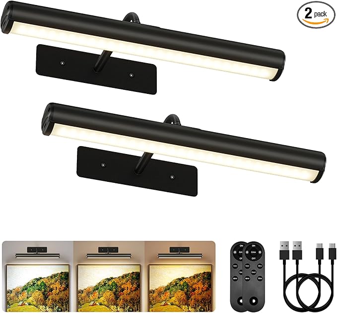 EZVALO 13Inch Wireless Picture Lights, 4000mAh Rechargeable Battery Art Lights with Remote, Dimmable 3 Color Temps LED Painting Lights for Living Room, Bedroom, Hallway (Black, 2Pack)