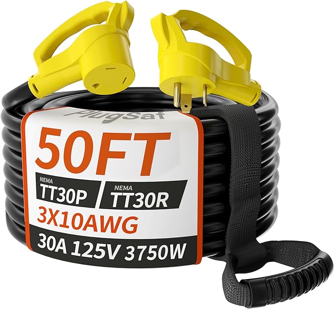 PlugSaf 50 FT 30 Amp RV Extension Cord Outdoor with Grip Handle, Flexible Heavy Duty 10/3 Gauge STW RV Power Cord Waterproof with Cord Organizer, NEMA TT-30P to TT-30R, Black-Yellow, ETL Listed
