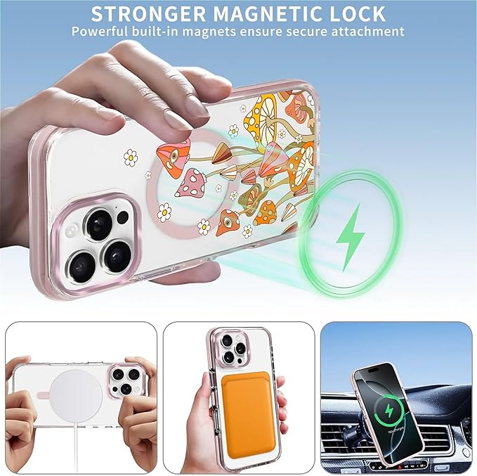Case for iPhone 16 Pro,[Compatible with MagSafe],Retro Mushroom Sunflower Phone Case Design，for Women Girls Magnetic Clear Cover - Slim, Sleek, & Shockproof Protection