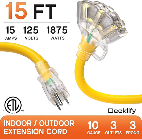 15 ft 10 Gauge Heavy Duty 3 Outlet Extension Cord Splitter with Indicator, Waterproof Outdoor Extension Cord with Multiple Outlets, 15A 1875W for Workshop, ETL Listed, Flexible Yellow SJTW