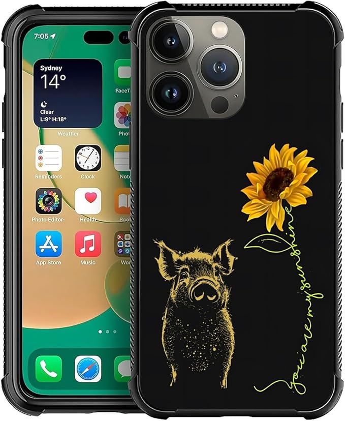 for iPhone 14 Pro Case, Pig Sunflower Yellow Sunshine Pattern Graphic Design Girl Boy Soft Silicone Hard Acrylic Shock Protection for iPhone 14 Pro