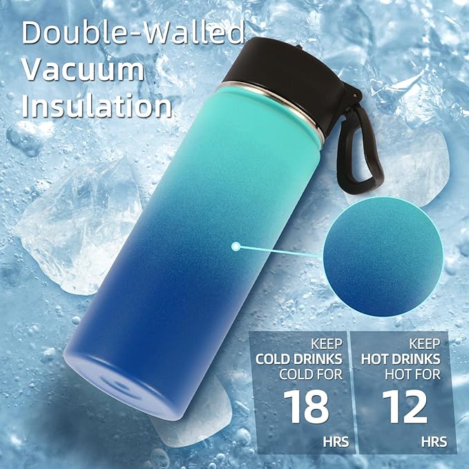 Volhoply 18oz Insulated Water Bottle Bulk 4 Pack,Kids Stainless Steel Water Bottles with Straw Lid,Double Wall Vacuum Metal Cups,Wide Mouth Reusable Sports Flask Keep Hot and Cold(Green Blue,4 Set)