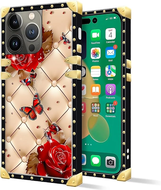 Compatible with iPhone 14 Pro Max Case, Shining Red Rose Butterfly Leather Background Luxury Golden Decoration for Girl Women Soft TPU Shockproof Protective Hard PC Back