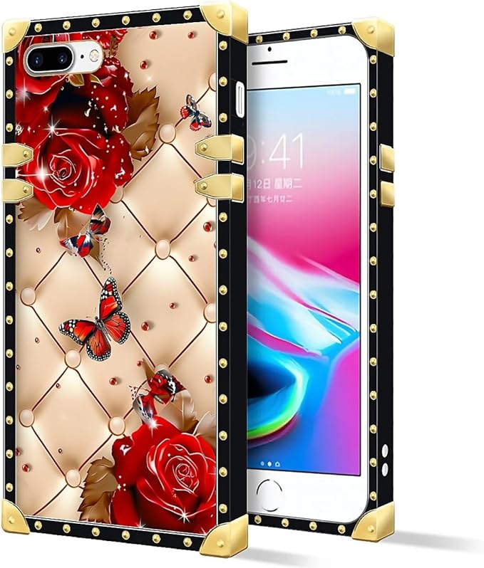 Compatible with iPhone 8 Plus 7 Plus Case, Shining Red Rose Butterfly Leather Background Luxury Golden Decoration for Girl Women Soft TPU Shockproof Protective Hard PC Back