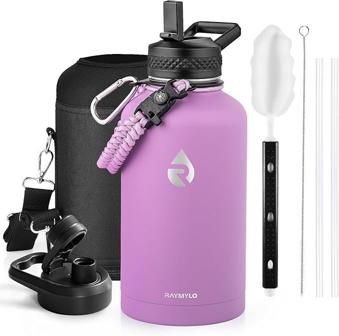 RAYMYLO Insulated Water Bottle 64 oz, Triple Wall Vacuum Stainless Steel (Cold for 48 Hrs), Leak Proof & Non-BPA, Half Gallon Water Flask Jug with Paracord Handle & Straw Spout Lids, Lilac