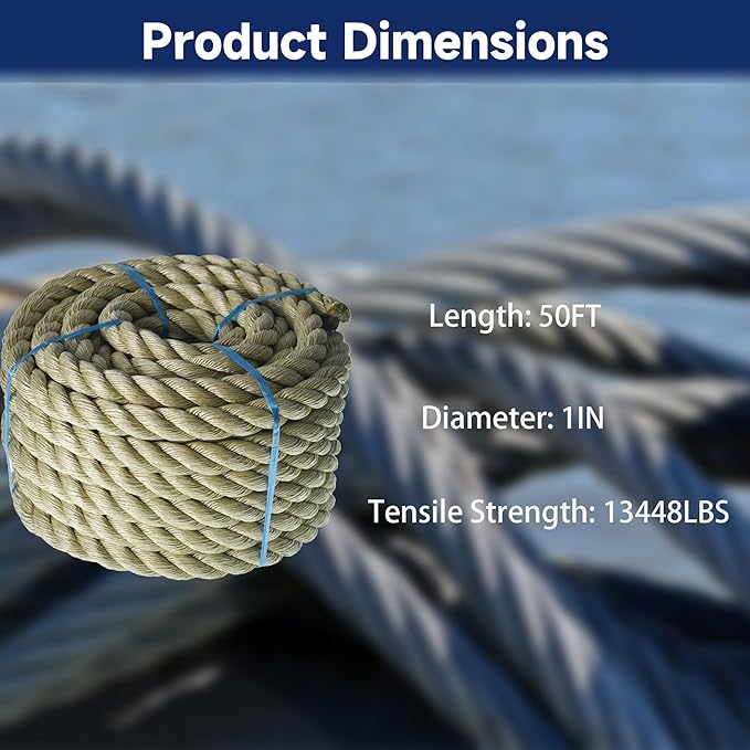 1 inch x 50 feet Twisted ProManila Rope Cordage, UnManila 3 Strand Synthetic Polypropylene Rope for Landscaping, Tug of War, Marine, DIY Projects and Dock Railing