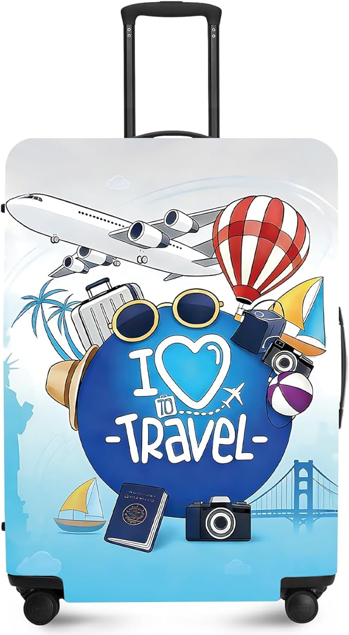 ANNA QUEEN I Love Travel Themed Luggage Cover,Stretchable Suitcase Protector Sleeve,Fit for 28-30 Inch Checked Baggage,Water Resistant & Durable Luggage Protector