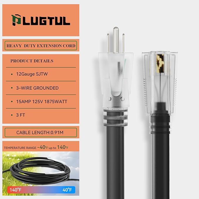PLUGTUL Outdoor Extension Cord 3FT, 12 Gauge Extension Cord with Lighted End, Heavy Duty,15A 1875W SJTW, ETL Listed, Great for Garden and Home, Black