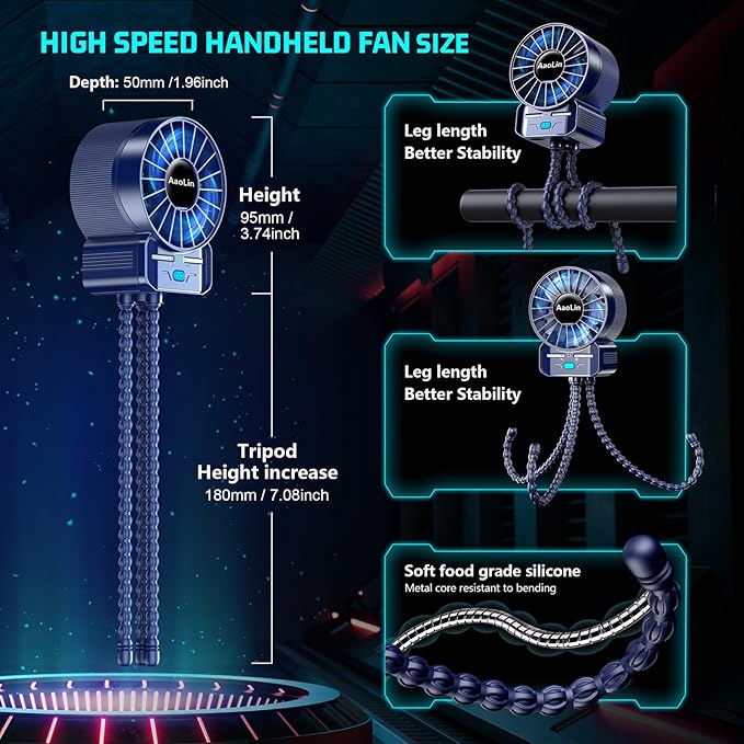 multifunctional USB rechargeable portable stroller small fan 4 speed 6600rpm high speed mini small handheld cooling fan extended flexible tripod for desktop wrap crib bike treadmill car kids gift