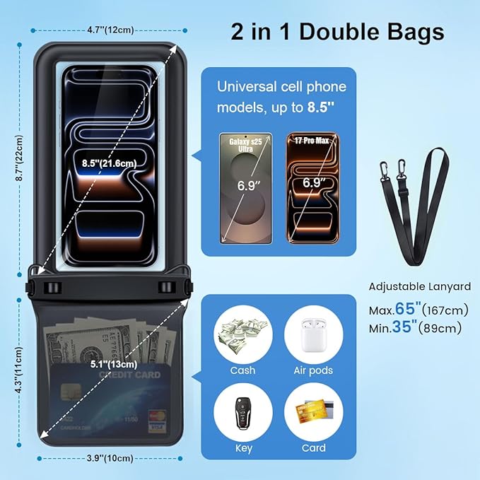 [Up to 8.5''] Floating Waterproof Phone Pouch 2 Pack, IPX8 Double Space Waterproof Phone Case with Lanyard for iPhone 17 16 15 Pro Max, Galaxy S26 Ultra, Cellphone Dry Bag Beach Cruise Essentials 2026