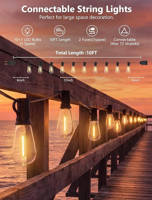 10FT Outdoor String Lights, ST40 Shatterproof Vintage Edison Bulbs, Black Cord Waterproof LED Plug-in Short Patio Light, Indoor Hanging Decor for Porch Balcony