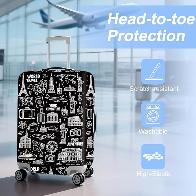 ANNA QUEEN Travel Seamless Pattern Luggage Cover -Stretchable Airplane Suitcase Protector Sleeve,Universal Washable Fit for 32-34 Inch Checked Baggage,Water Resistant Durable Luggage Protector,XL