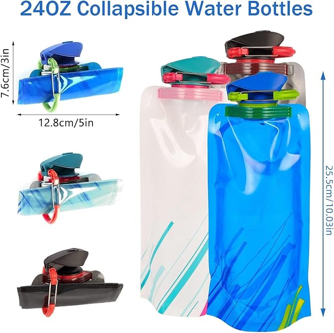 4 Pack Collapsible Water Bottles for Travel – 24oz Foldable Water Bottle with Leakproof Lid, Food-Grade Silicone Portable Reusable BPA-Free Water Bottle for Hiking,Sports,Camping,Biking