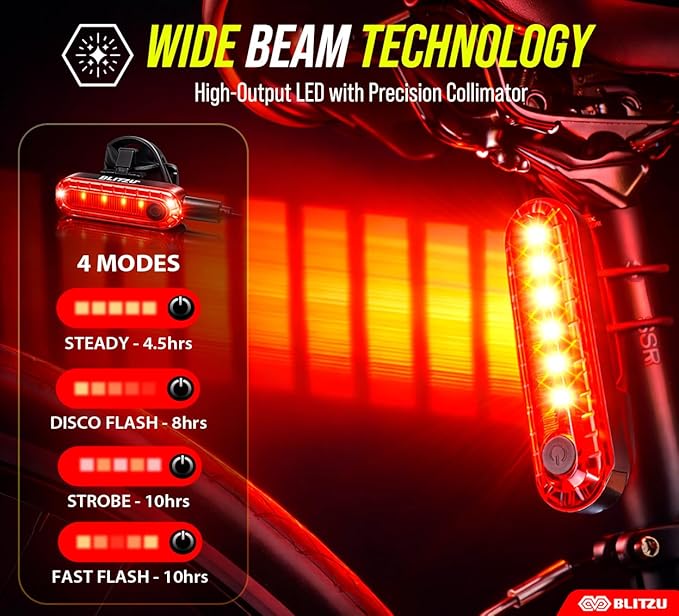 BLITZU USB-C Rechargeable Bike Tail Light 2 Pack, Bright Bicycle Rear Cycling Safety Flashlight Accessories for Night Riding, Cyborg 120T, 4 Light Modes for Adults Kids Men Women Road Mountain