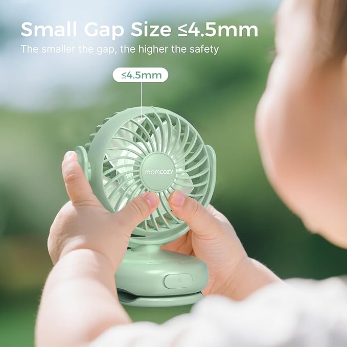 Momcozy Portable Stroller Fan with Clip | 4-Speed Mini-Fan for Carrier | Personal Fans Ultra Light 0.26lb | Gaps ≤4.5mm | Handheld Cooling | Rechargeable Rotate for Diaper Backpack/Table