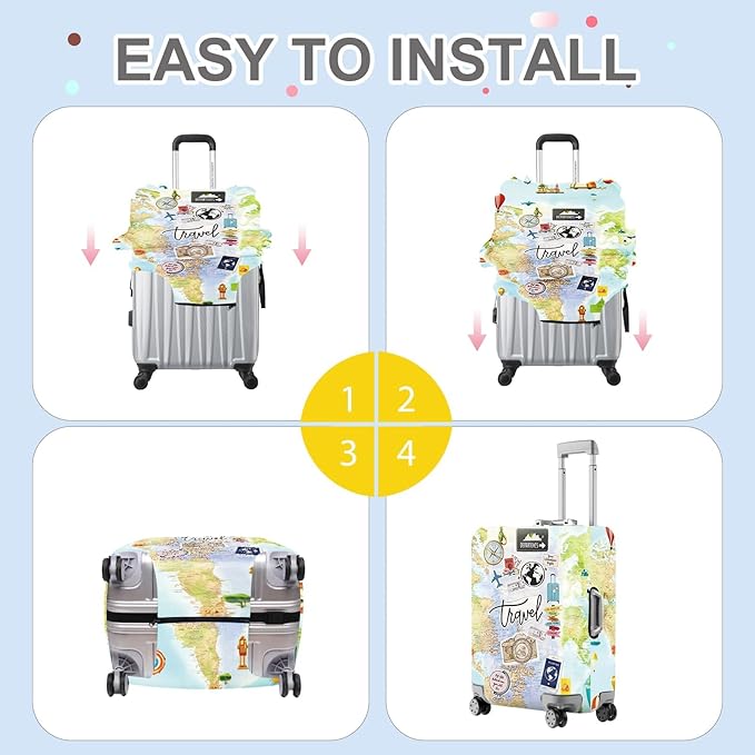 ANNA QUEEN Travel Collage Luggage Cover, World Map & Sticker Style Suitcase Protector for 32-34 Inch Travel Bags