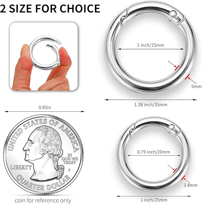 Gkeygo Key Ring Clip, 4/5 Inch Keychain Rings, 8 Pack Round Carabiner Clip for Keys, Buckle, Bags, Purses - Key Chain Hooks Replacement Keychains Lanyard DIY Crafts, Silver
