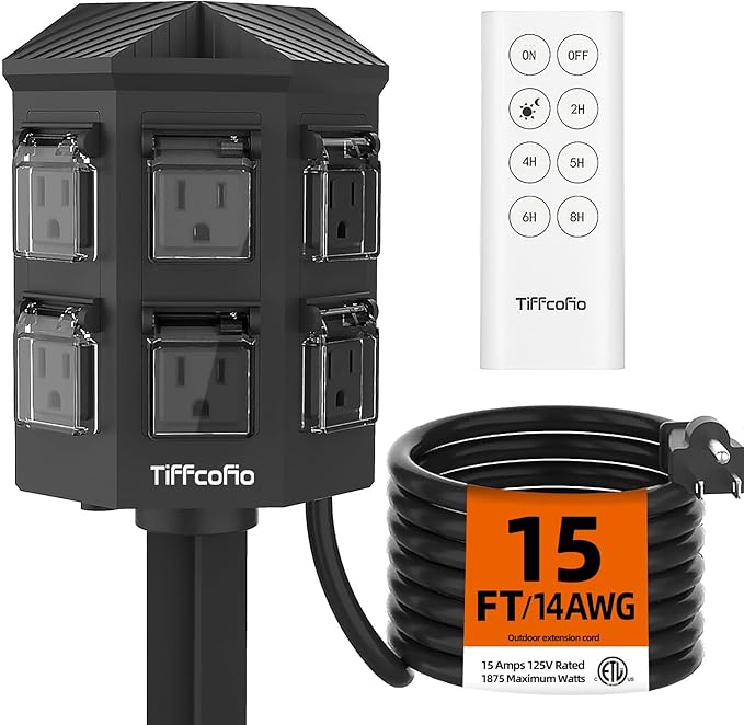 Outdoor Power Strip with 15 FT Extension Cord, 100FT Remote Control, Dusk to Dawn Light Timer Waterproof, 6 Grounded Outlets for Yard, Pool and Garden, ETL Listed