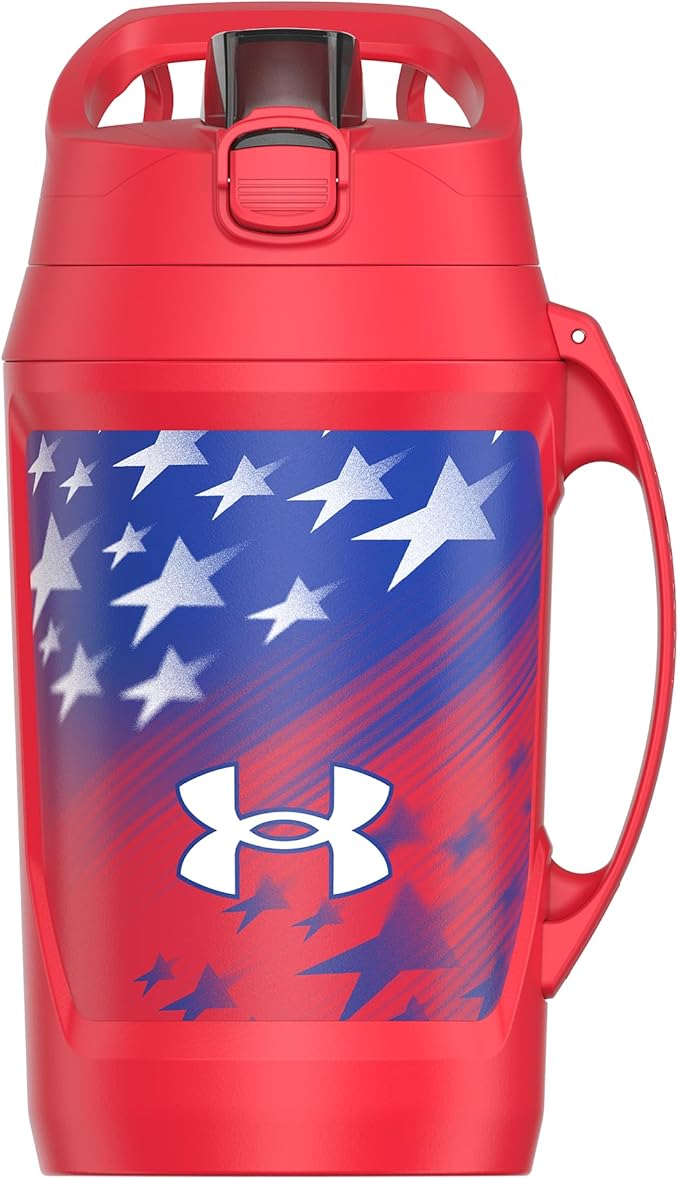 Under Armour Half Gallon Water Bottle Insulated, 64oz Insulated Water Bottle with Handle, Fence Hook, Leak Resistant, for Baseball, Football & More, Red Americana