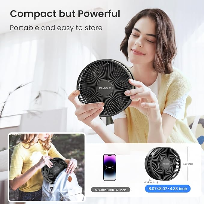 TriPole Portable Standing Fan, 8000mAh Rechargeable Oscillating Fan with Remote, 8.1'' Quiet Pedestal Floor Fan with LED Display & Timer, Foldable Small Desk Fans for Bedroom, Office, Camping, Travel