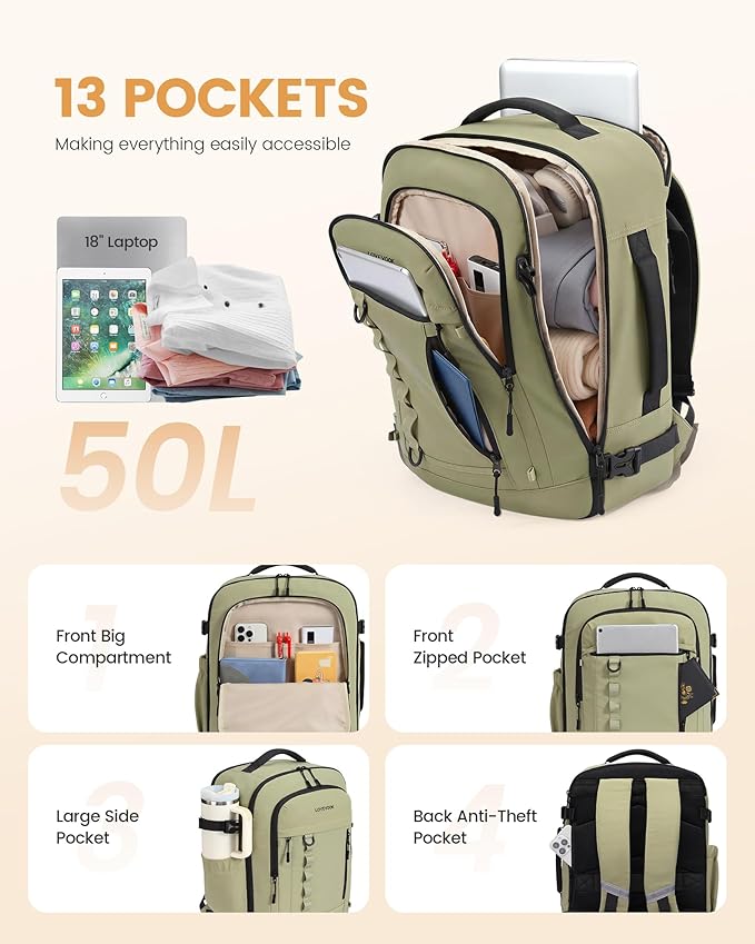 LOVEVOOK 50L Travel Backpack for Men Women, Waterproof Carry On Backpack for Work & Travel, Flight Approved Personal Item with 3 Packing Cubes, TSA Bag Fits 17.3" Laptop,Grape purple