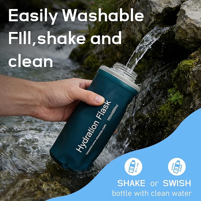 700ml Soft Flask Water Bottle, Collapsible Water Bottle with Filter, Perfect for Hiking, Backpacking, and Camping - Dark Green