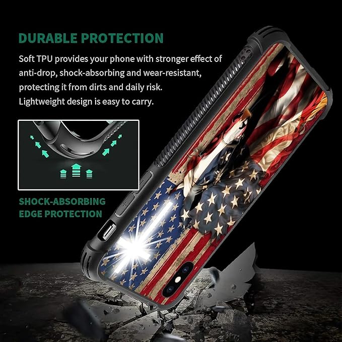 for iPhone X/Xs Case, Red American Flag Horse Cross Pattern Made of Soft Silicone Hard Acrylic Shock Protection for iPhone X/Xs