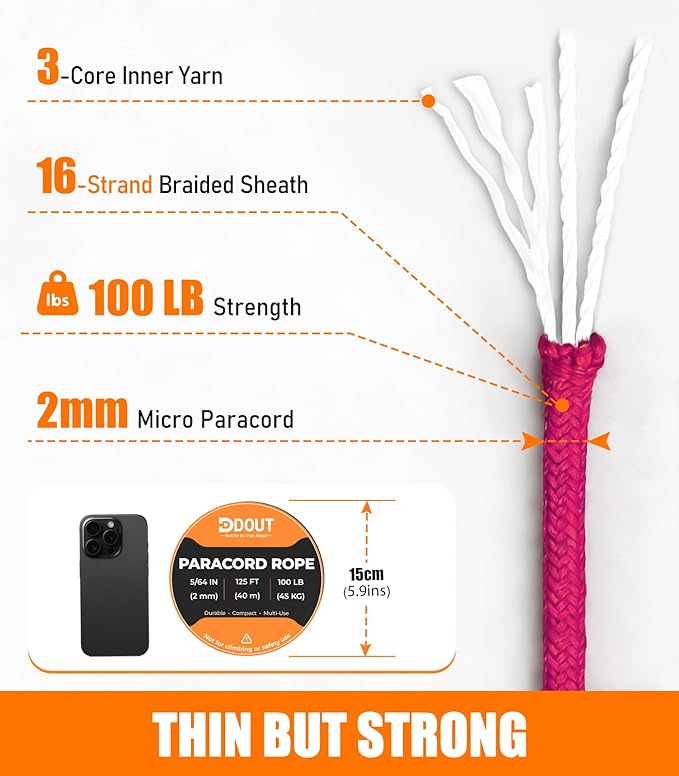 DDOUT 2mm Paracord 100lb, Thin Micro Paracord Rope, Pink 125FT Nylon Cord for Crafting, DIY Projects, Fishing, Camping & Outdoor