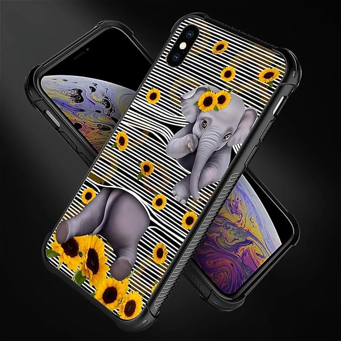for iPhone X/Xs Case, Cute Little Elephant Sunflower White Line Art Pattern Made of Soft Silicone Hard Acrylic Shock Protection for iPhone X/Xs