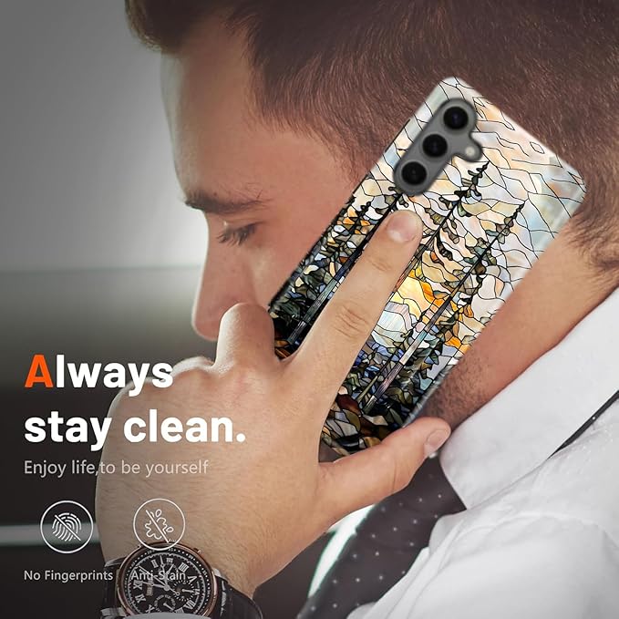 Compatible for Samsung Galaxy A37 5G Case, Dual Layer Heavy Duty 2 in 1 Shockproof Protective Phone Case,Stained Glass Forest and Sunset