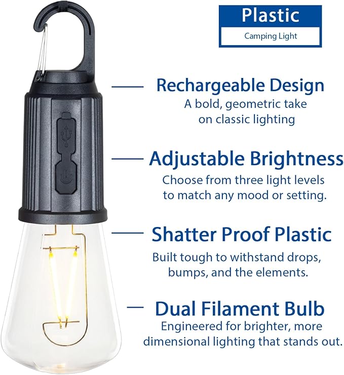 2-Pack Rechargeable Camp Light, Warm White LED Conical Bulb, Battery Powered with USB-C, Shatterproof Globe on Carabiner, 3 Brightness Levels