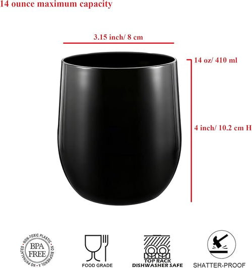 14-ounce Plastic Stemless Wine Glasses, All Purpose Arcylic Glasses, set of 6 Black Reusable Shatter-resistant Dishwasher Safe