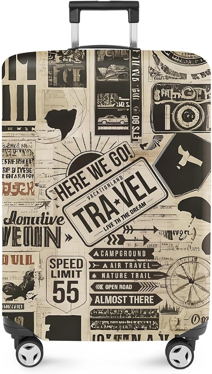 ANNA QUEEN Vintage Travel Collage Luggage Cover, Retro Suitcase Protector, Stretchable Washable Cover for 32-34 Inch Luggage