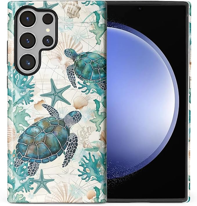 for Samsung Galaxy S24 Ultra Case,HL2 Ocean Sea Turtle Nautical Map Hybrid 2 Layer Hard Shell Silicone Protective Pattern Design Case