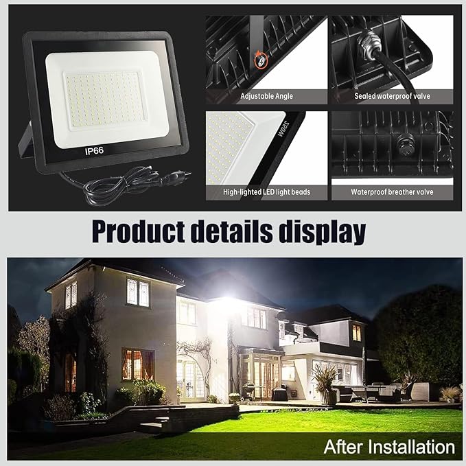 4Pack LED Flood Light Outdoor,250W LED Work Light 26500lmwith 6FT US Plug,IP66 Waterproof Exterior Security Lights,6000K Daylight White Outside Floodlights Slim Design for Playground Yard