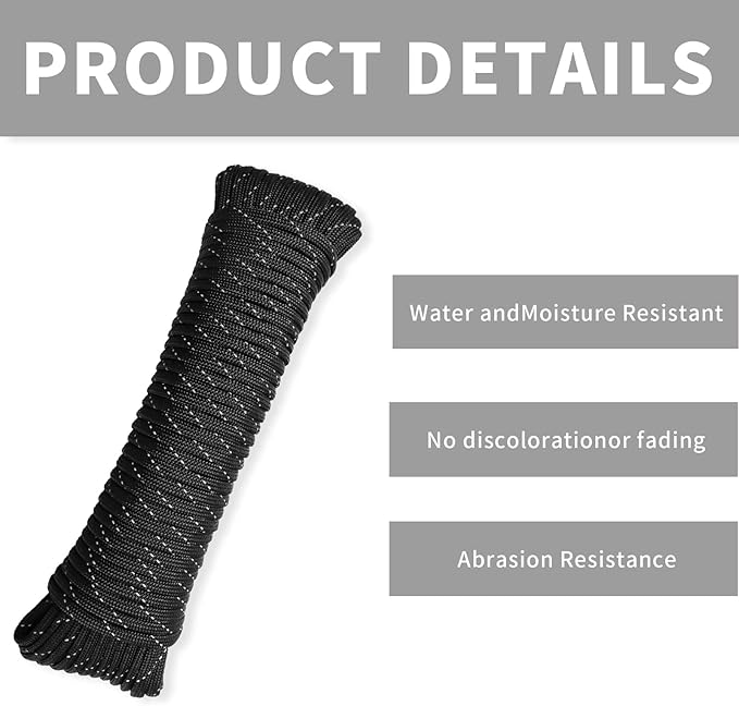 Paracord Rope, Reflective III Parachute Cord 7 Strand Core 550lb, 100ft Black - High Visibility Abrasion Resistant Easy to Tie, Multi-Purpose Rope for Camping Survival DIY