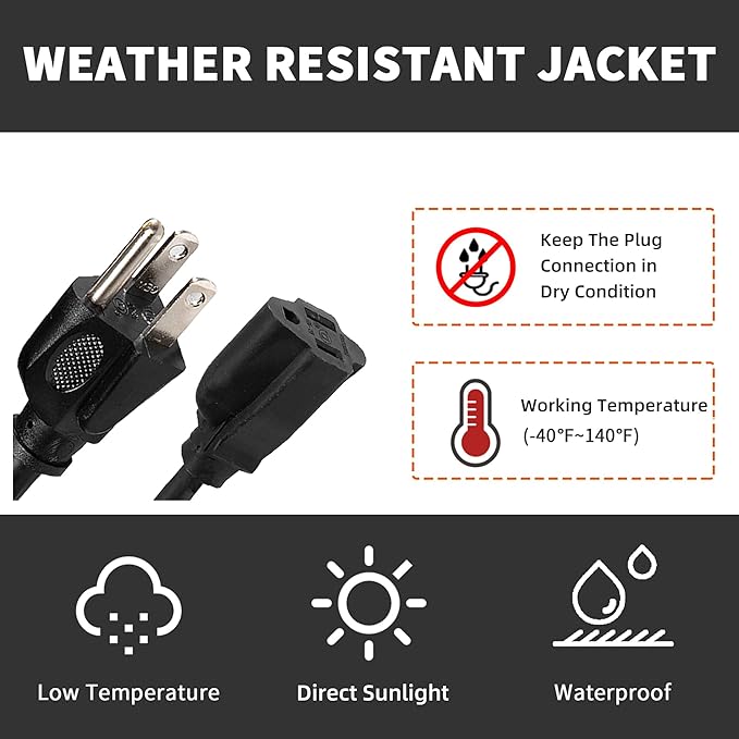 50FT Outdoor Extension Cord-16/3 SJTW Durable Black Extension Cable with 3 Prong Grounded Plug for Safety,Great for Outside Christmas Decorations