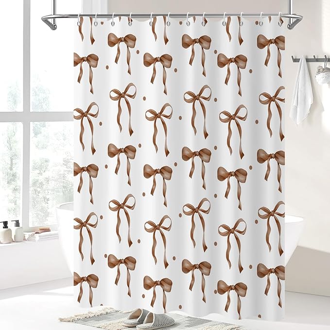Brown Bow Shower Curtain, Brown and White Modern Aesthetic Bowknot with Polka Dot Cute Girly Bathroom Curtain Waterproof Fabric Machine Washable with Hooks, 72" Wx84 L