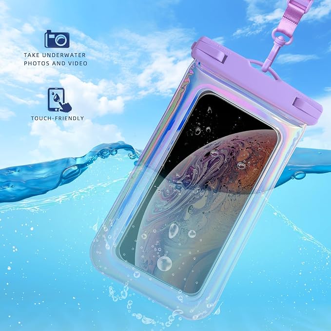 Floatable Waterproof Phone Pouch Case 2 pcs for iPhone 17 16 Pro Max/15/14, IP68 Travel Cellphone Dry Bag Beach Cruise Ship Essential Bag with Crossbody Lanyard, Iridescent Blue and Purple-7″