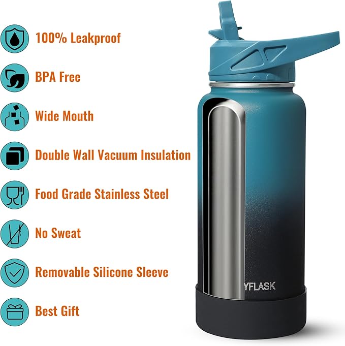 RUBYFLASK 24oz Insulated Water Bottle with Straw, Stainless Steel Metal Vacuum Water Flask, Large Thermal Water bottle with Leakproof 3 Lids for Travel, Camping, Gym Sports Armygreen