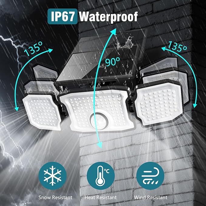 Solar Lights Outdoor Waterproof- 2800LM 200LED Solar Motion Sensor Lights, 3 Heads & 3 Modes Flood Lights, 270° Wide Angle Solar Powered Security Lights for Yard, Garage(4 Pack)
