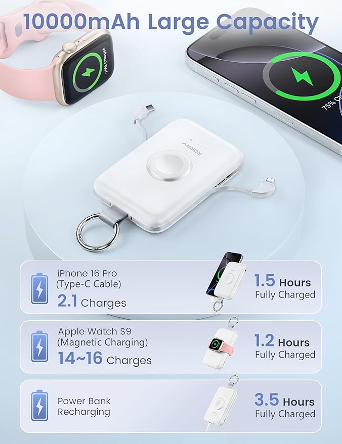 RORRY Portable Charger, 10000mAh PD 20W Fast Charging Portable Charger Power Bank with Built in Cables, Travel Battery Pack for iPhone and Apple Watch Ultra/11/10/9/8/7/6/5, Milk
